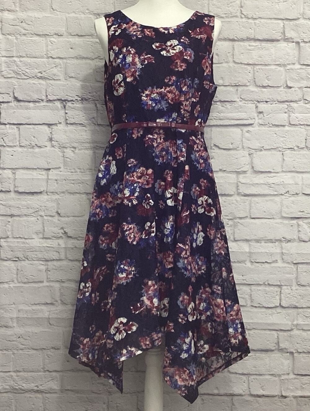 Elle Women’s Size L Navy Blue Lined Floral A-Line Dress A Symmetrical Hen 